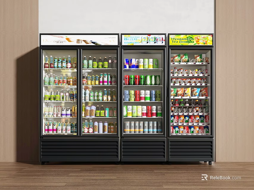 Three Commercial Display Refrigerators With Glass Doors Filled With Beverages And Top Brand Labels 3d model 