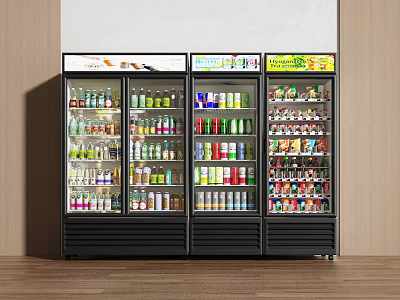 Three Commercial Display Refrigerators With Glass Doors Filled With Beverages And Top Brand Labels 3d model