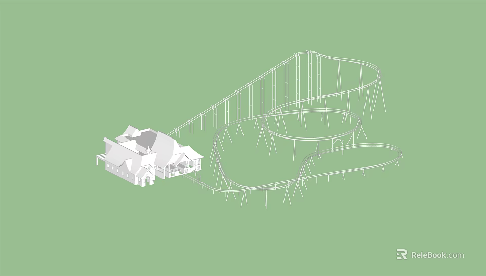 Thrilling Amusement Park Roller Coaster With Steel Track And Adjacent Building 3d model 