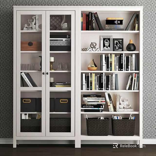 White Modern Bookcase With Glass Doors Books Photo Frames Vase And Decorative Baskets 3d model 