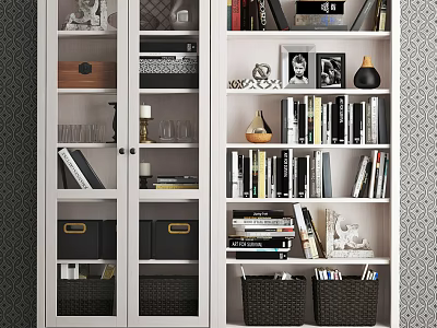 White Modern Bookcase With Glass Doors Books Photo Frames Vase And Decorative Baskets 3d model
