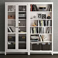 White Modern Bookcase With Glass Doors Books Photo Frames Vase And Decorative Baskets