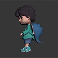 3D Cartoon Boy Character With Purple Hair Blue Eyes Green Hoodie And Backpack