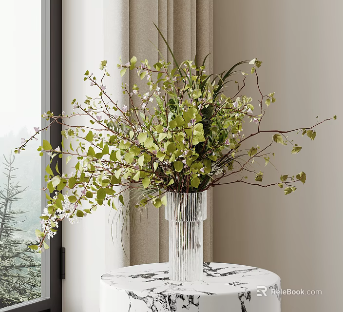 Transparent Striped Glass Vase With Green Leaves And White Small Flowers On Window Side Table 3d model 