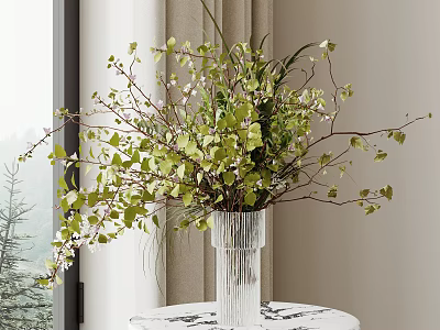 Transparent Striped Glass Vase With Green Leaves And White Small Flowers On Window Side Table 3d model