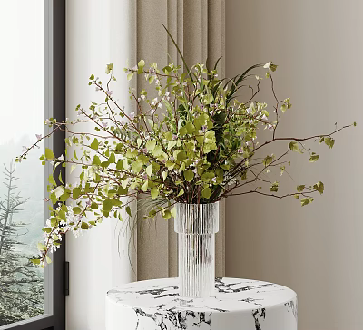 Transparent Striped Glass Vase With Green Leaves And White Small Flowers On Window Side Table 3d model