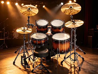 Professional Musical Instrument Drum Set With Wooden Shells Cymbals And Stage Lights Setup 3d model