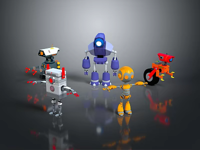 Diverse Group of Colorful Robot Characters With Various Shapes And Designs 3d model