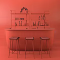 Brown Marble Bar Counter With Black Metal Shelves Wine Bottles And Three Stools