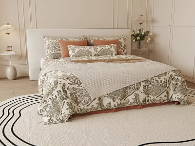 Elegant Neutral Double Bed With Beige Headboard Patterned Bedspread Pillows Table Lamp And Wavy Rug 3d model