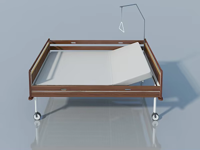 Flat Door Hospital Bed With Wooden Frame And White Mattress On Wheels 3d model