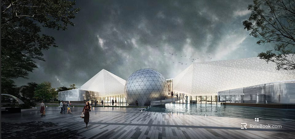 Modern Commercial Street Open Space With Geometric Dome Triangular Roofs Water Pool And Pedestrians 3d model 