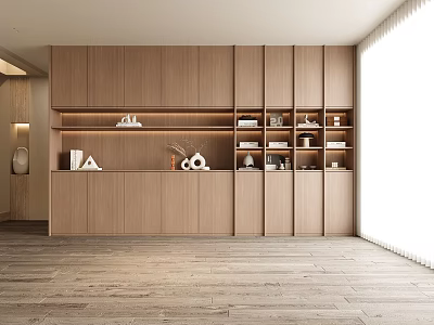 Modern Wooden Bookcase Interior Design with Open Closed Shelves Decorative Items and Lighting 3d model