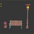 Outdoor Street Furniture Collection With Wooden Bench Decorative Lamp Post And Metal Trash Can