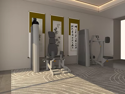 Modern Technology Exhibition Hall Featuring Fitness Equipment Calligraphy Paintings And Wavy Carpet 3d model