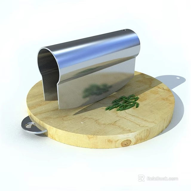 Stainless Steel Kitchen Tool on Wooden Cutting Board with Chopped Green Vegetables 3d model 