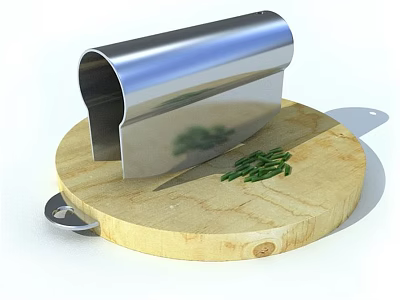 Stainless Steel Kitchen Tool on Wooden Cutting Board with Chopped Green Vegetables 3d model