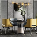Modern Dining Set With Round Table Yellow Chairs And Gray Marble Walls 3d model