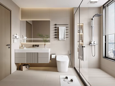 Modern Bathroom Interior Design With Vanity Mirror Toilet Shower Cabinets And Natural Light 3d model