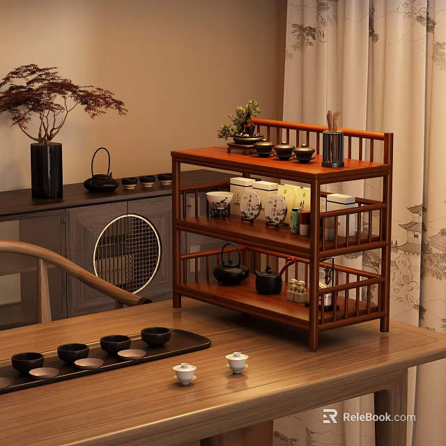 Wooden Multi tiered Bogu Shelf With Tea Sets Cups And Decorative Plants 3d model 