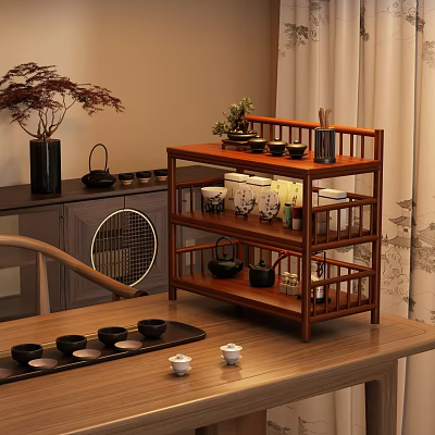 Wooden Multi tiered Bogu Shelf With Tea Sets Cups And Decorative Plants 3d model