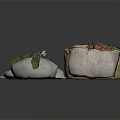 Fresh Food Collection with Strawberries Green Vegetables in Sacks Woven Baskets and Clay Pot