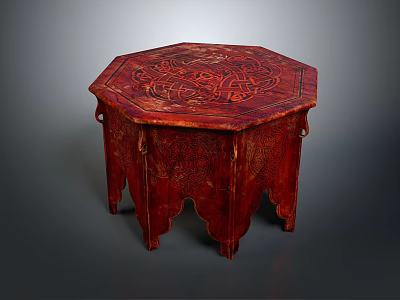 Traditional Chinese Red Octagonal Table With Intricate Carved Patterns And Lacquered Surface 3d model