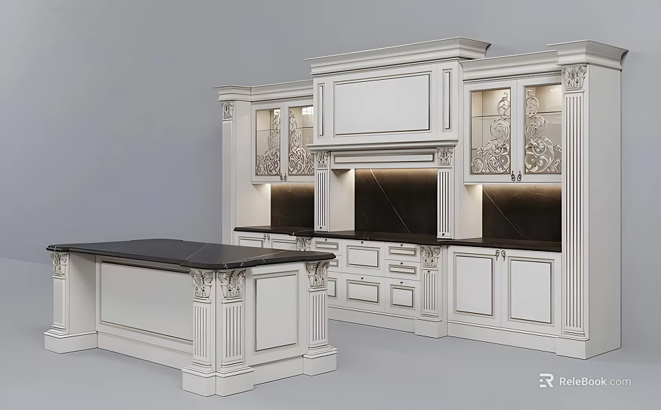 Classical White Kitchen Cabinets with Carved Details Glass Door and Dark Countertop Kitchen Island Design 3d model 