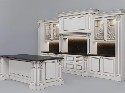 Classical White Kitchen Cabinets with Carved Details Glass Door and Dark Countertop Kitchen Island Design 3d model