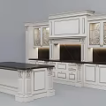 Classical White Kitchen Cabinets with Carved Details Glass Door and Dark Countertop Kitchen Island Design