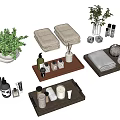 Decorative Ornament Set With Trays Towels Bottles Cups And Green Plants