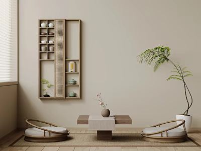 Elegant Tea Table and Chairs with Wall Shelf Tea Sets and Potted Plant 3d model