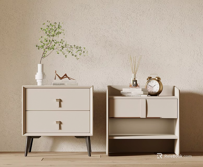 Modern Bedside Tables with Drawers Open Shelf Decorative Plant Clock Books and Scented Sticks 3d model 
