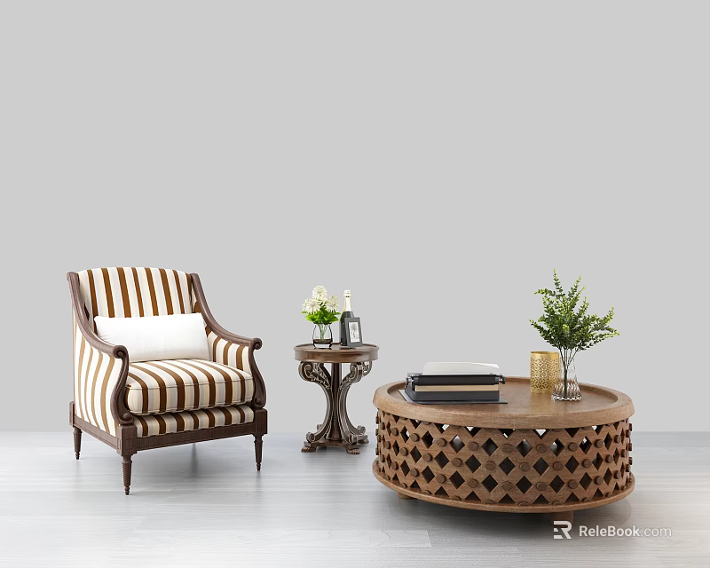 Striped Accent Chair With Side Table Vase Flowers And Round Coffee Table With Books Plant 3d model 