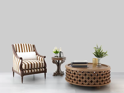 Striped Accent Chair With Side Table Vase Flowers And Round Coffee Table With Books Plant 3d model