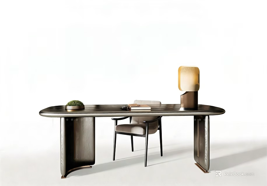Modern Desk and Chair Set with Table Lamp Books and Small Potted Plant 3d model 