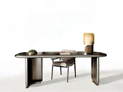 Modern Desk and Chair Set with Table Lamp Books and Small Potted Plant 3d model