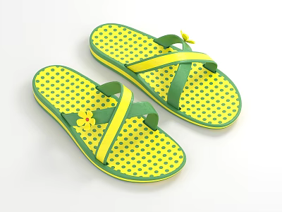 Green And Yellow Flip Flops With Yellow Polka Dots Cross Straps And Small Flower 3d model