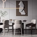 Modern Restaurant Interior With Dining Table Beige Chairs Pendant Light And Decorative Painting