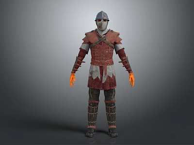 Medieval Warrior Character In Red Brown Armored Suit With Silver Helmet And Orange Gloves 3d model
