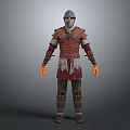 Medieval Warrior Character In Red Brown Armored Suit With Silver Helmet And Orange Gloves