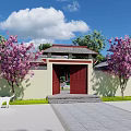 Ancient Traditional Architecture Courtyard With Red Pillars Stone Pavement And Green Plants