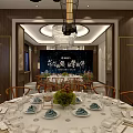 Luxurious Private Dining Room Interior with Spacious Layout Dining Table Sofa Decorative Screen and Chandelier 3d model