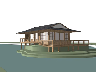 Wooden House Design With Black Roof Lattice Windows And Waterfront Deck 3d model