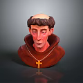 Man Bust Sculpture in Brown Robe with Gold Cross on Chest
