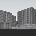 Modern Glass Office Building Exterior with Trees Pedestrians and Vehicles