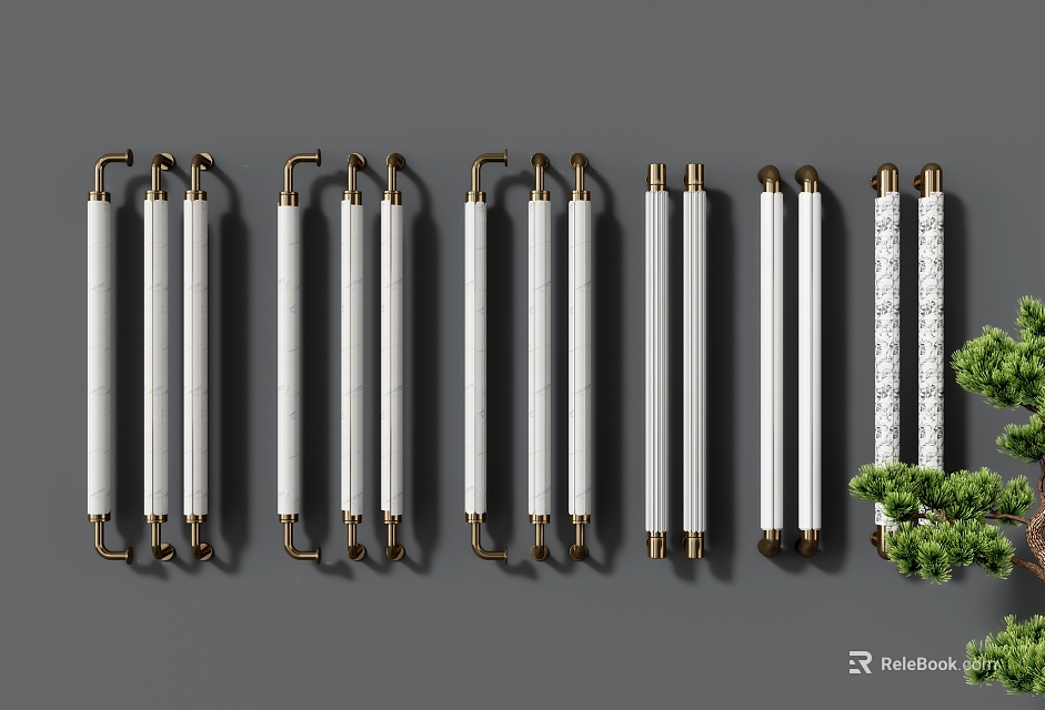 Modern Decorative Furniture Handles With Various Designs Gold Accents And White Finish 3d model 