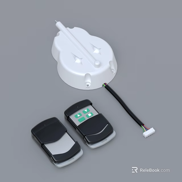 White Base Electronic Device With Two Black Remote Controls And Green Buttons 3d model