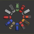 Colorful Toy Cars of Various Colors Arranged in a Circle on Dark Background
