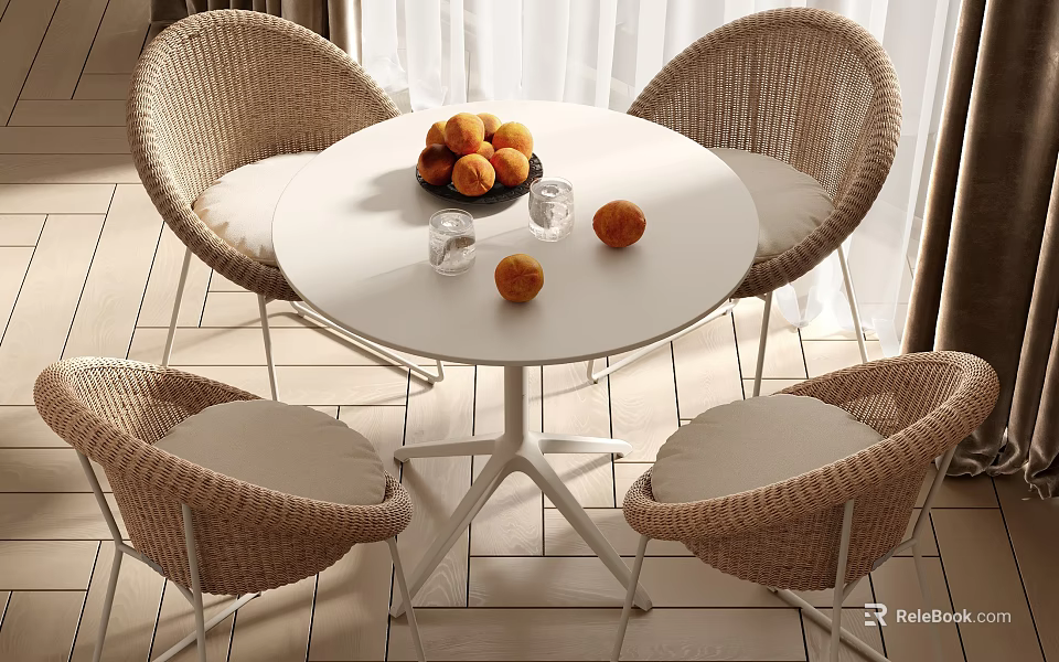 Round White Outdoor Table with Wicker Chairs and Fruit Glasses on Top 3d model 